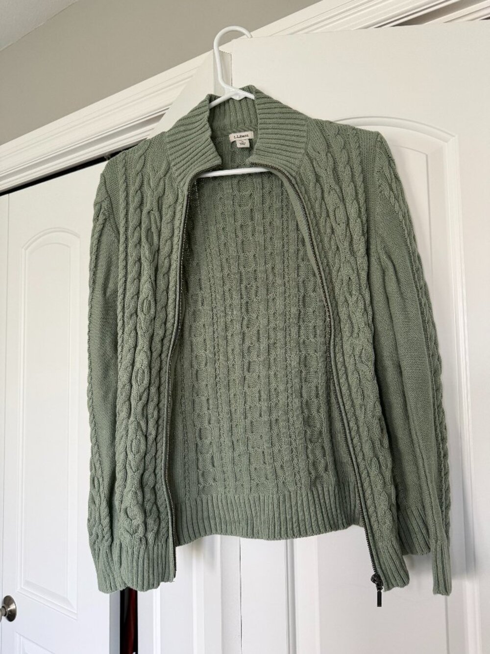 L.L. Bean Sage Green cable-knit full zip cardigan mock neck Cotton